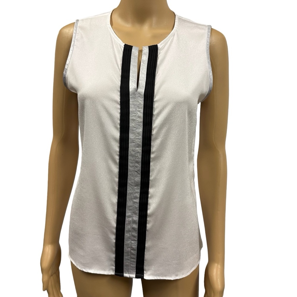 Calvin Klein White Black Silver Sleeveless Split Neck Blouse Womens Small - Picture 1 of 8